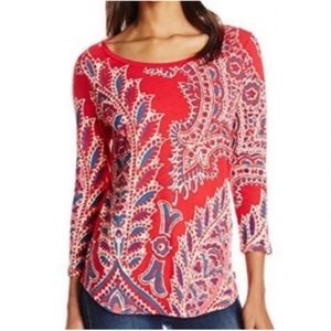 Lucky Brand Red Paisley Leaf Print Scoop Neck